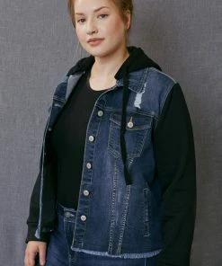 KANCAN Holly French Terry Hoodie Denim Jacket- Plus