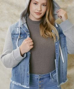 KANCAN Holly French Terry Hoodie Denim Jacket- Plus