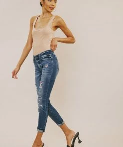 KANCAN Coco Mid Rise Patched Ankle Skinny Jeans